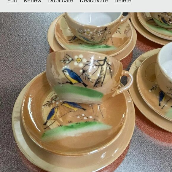 Vintage 1950s Peach Lustre Ware HP Bluebird Children's Dish Set - Picture 1 of 6
